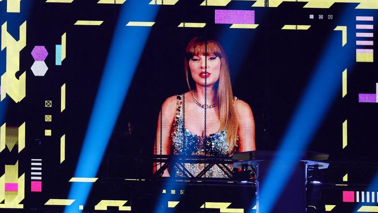 Taylor Swift is shown on screen after winning the Best Video award for "Fortnight" featuring Post Malone, at the 2024 MTV Europe Music Awards at Manchester Co-op Live in Manchester, Britain, November 10, 2024. REUTERS/Phil Noble
