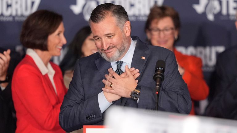 Ted Cruz gives a victory speech after being re-elected to the Senate to represent Texas. Pic: AP