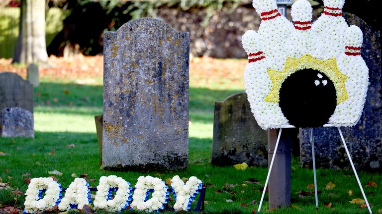 Themed  tributes for singer Liam Payne are seen outside St. Mary's Church on the day of his funeral.
Pic: Reuters