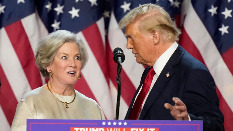 Donald Trump brings Ms Wiles to the podium at an election night watch party. Pic: AP