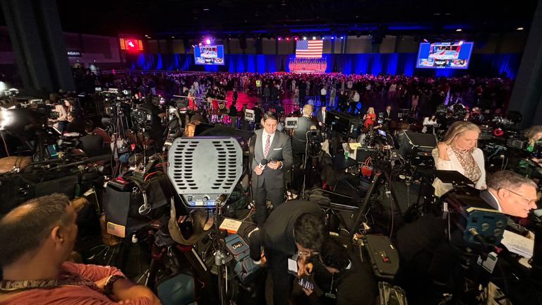 media gathered at an Election Night rally for Trump, in Palm Beach County Convention Center, in West Palm Beach, Florida, U.S., November 5, 2024. SN photo