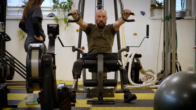 A soldier who lost both legs exercises at Tytanova Rehab, Kyiv