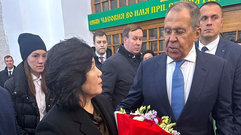 Sergei Lavrov and Choe Son Hui in Moscow.
Pic: AP