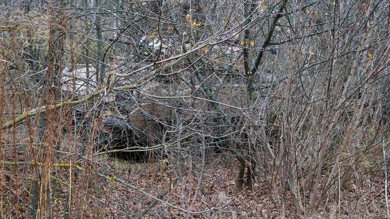 The disguised American Bradley vehicle hidden in the forest