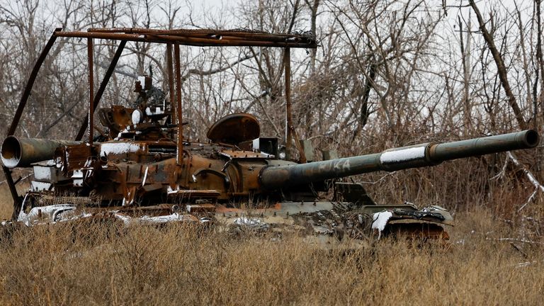 A destroyed tank in Russian-occupied Ukraine. Pic: Reuters