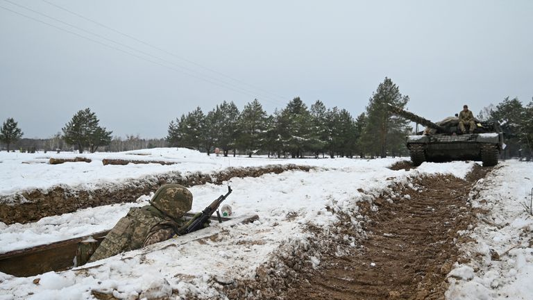 Ukrainian servicemen during military drills. Pic: Reuters