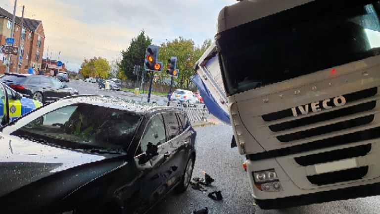 EMBARGOED TO 0001 MONDAY 11 NOVEMBER Ian Lee's car was badly damaged after a collision involving a stolen lorry. Pic: MIB