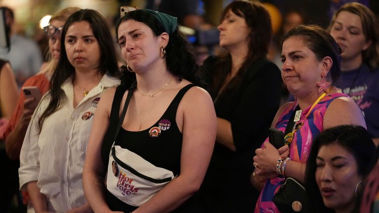 Pro-choice supporters who campaigned for Amendment 4 in Florida are reacting as the results are announced. Photo: AP