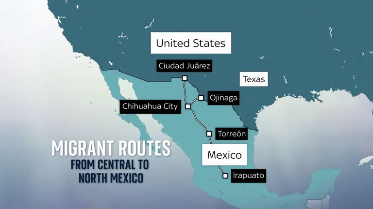 The routes used by migrants to reach the US through Mexico. Pic: Sky News