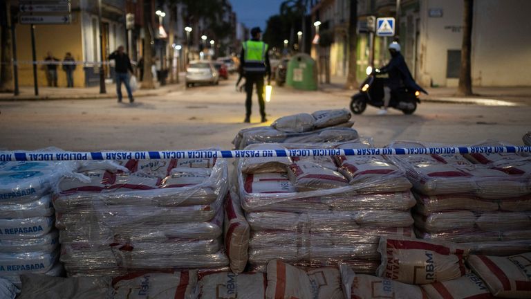 Sandbags were set up to contain the new flood in Aldaia, Valencia. Pic: AP