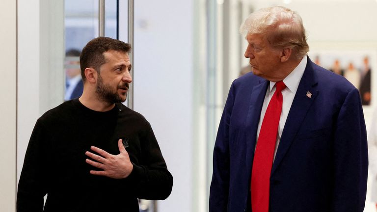  Donald Trump and Ukraine's President Volodymyr Zelenskiy meet at Trump Tower in New York City, U.S., September 27, 2024. REUTERS/Shannon Stapleton REFILE - QUALITY REPEAT