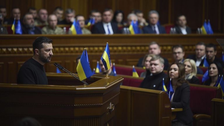 Ukraine's President Volodymyr Zelenskiy addresses lawmakers on the 1000th day of Russia's full-scale invasion of Ukraine, during a parliament session in Kyiv, Ukraine November 19, 2024. Ukrainian Presidential Press Service/Handout via REUTERS ATTENTION EDITORS - THIS IMAGE HAS BEEN SUPPLIED BY A THIRD PARTY.