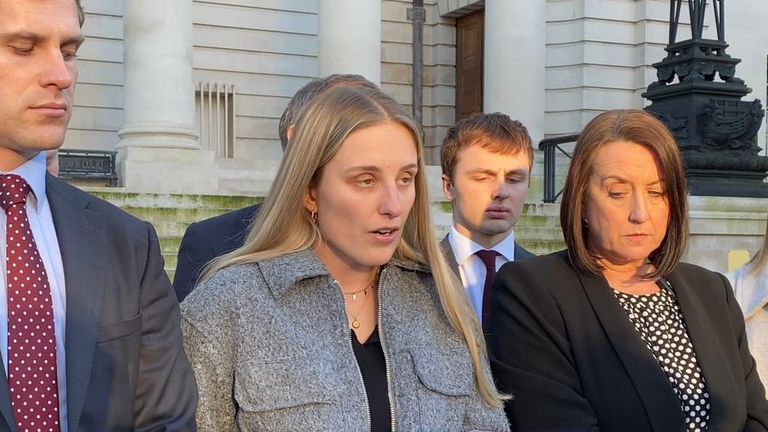 Catrin Bush, sister of William Bush, speaks outside Cardiff Crown Court after Dylan Thomas was found guilty of his murder