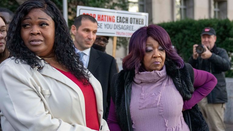 FILE - Wandrea "Shaye" Moss, left, and her parent  Ruby Freeman, right, permission  aft  speaking with reporters extracurricular  national  court, Dec. 15, 2023, successful  Washington. (AP Photo/Alex Brandon, File)