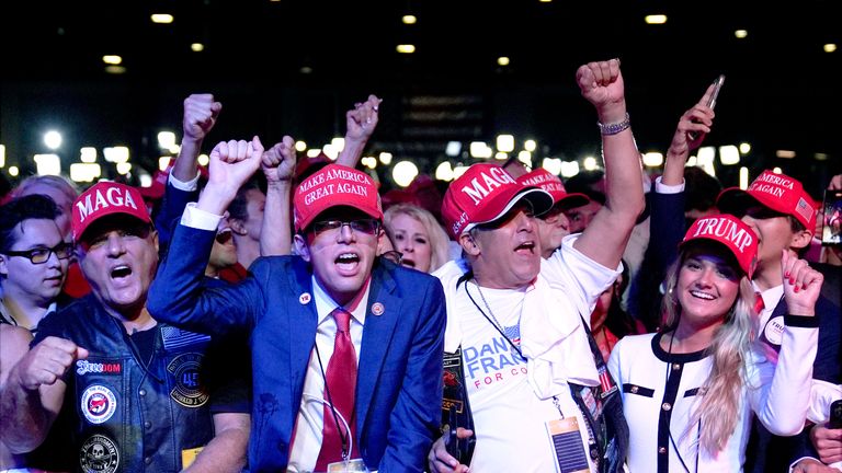 Supporters arrive at an election night watch party for Donald Trump in West Palm Beach.
Pic: AP