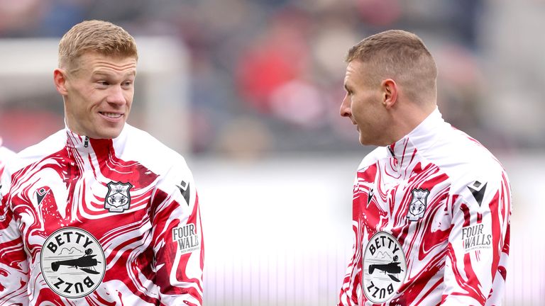 Wrexham's James McClean (left) and Paul Mullin warm up before the match.
Pic: PA