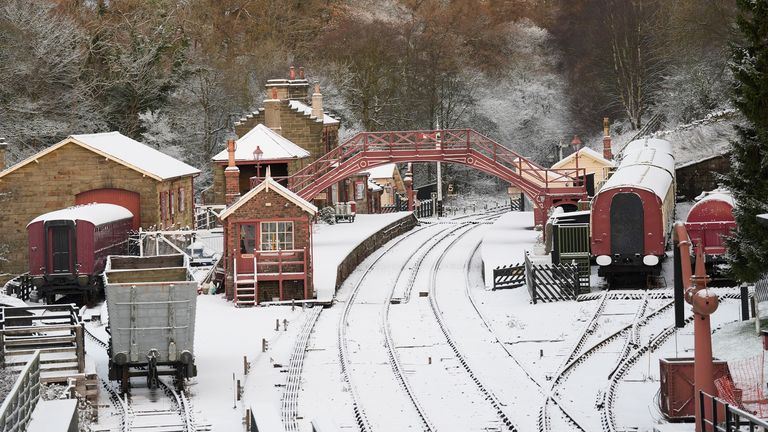 Pic: Danny Lawson/PA

A view of the snow covered rail tracks and platforms at Goathland train station in North Yorkshire. There is widespread travel disruption after heavy snowfall and ice affected parts of the UK, with the Met Office advising vehicles could be stranded, power cuts may occur and rural areas could be cut off. Picture date: Wednesday November 20, 2024. PA Photo. Photo credit should read: Danny Lawson/PA Wire