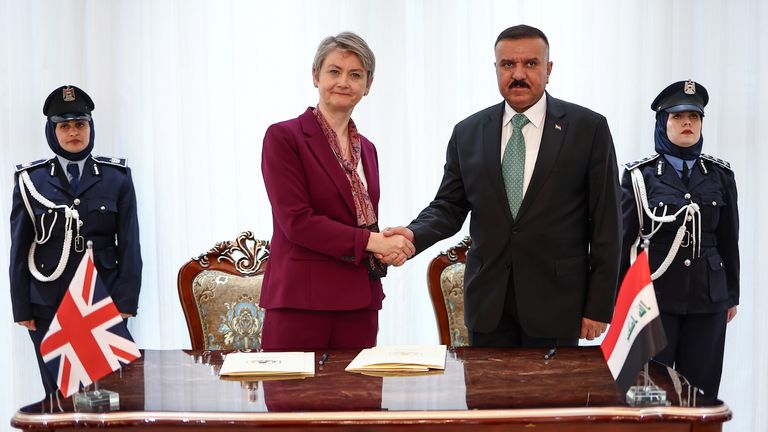 Home Secretary Yvette Cooper and Iraq's Minister of Interior Abdul Amir Al-Shimmari shake hands after signing a Joint Statement on Border Security following a meeting at the Ministry of Interior of Iraq, in Baghdad, during an official three-day visit to Iraq. Picture date: Tuesday November 26, 2024.