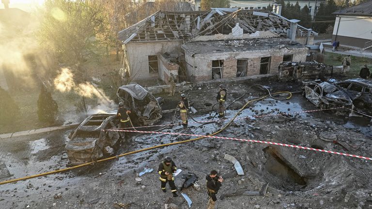 Rescuers work at a site of a regional oncology hospital hit by a Russian air strike, amid Russia's attack on Ukraine, in Zaporizhzhia, Ukraine November 7, 2024. REUTERS/Stringer