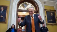 Senate Majority Leader Chuck Schumer, D-N.Y., celebrates as the Senate begins voting on the government funding bill just in time to meet the midnight deadline, at the Capitol in Washington, Friday, Dec. 20, 2024. (AP Photo/J. Scott Applewhite)