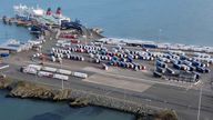 Lorries line up to board a Stena Line ferry service to Dublin  at the Port of Holyhead in Holyhead.
Pic Reuters