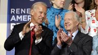 FILE - Sen. Joe Biden and former President Jimmy Carter are seen at the Democratic National Convention in Denver, Aug. 26, 2008. (AP Photo/Paul Sancya, File)



