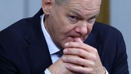 German Chancellor Olaf Scholz bites his finger, on the day of a confidence vote called by him to pave way for snap election, at lower house of parliament Bundestag in Berlin, Germany, December 16, 2024. REUTERS/Lisi Niesner TPX IMAGES OF THE DAY

