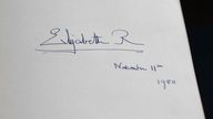 The signature of Queen Elizabeth II is seen in one of three Downing Street Visitors Books at the National Archives. The three gilt-edged volumes, covering the years 1970, when Edward Heath was prime minister, to 2003 when Tony Blair was in office, have been released to the National Archives at Kew, west London. Picture date: Wednesday December 18, 2024.

