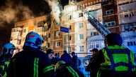 Firefighters work at the site of an apartment building hit by a Russian drone in Ternopil. Pic: Press service of the State Emergency Service of Ukraine via Reuters
