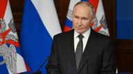 Vladimir Putin attends an expanded meeting of the Defence Ministry Board at the National Defence Control Centre in Moscow.
Pic: Sputnik/Reuters