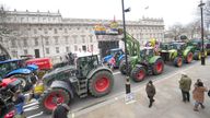 Tractors parked on Whitehall during a protest by farmers in Westminster.
Pic: PA