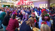 Big Sky Cares Wrapathon event, wrapping gifts to charity partners supporting those in need this Christmas. World record set for most people wrapping presents simultaneously across (multiple venues). Assets from rebecca.zintout@sky.uk
