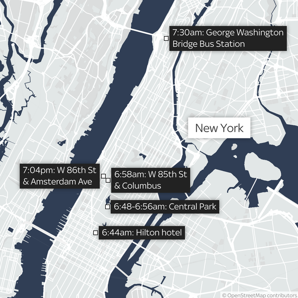 A map showing the suspected gunman's movements after the shooting of Brian Thompson