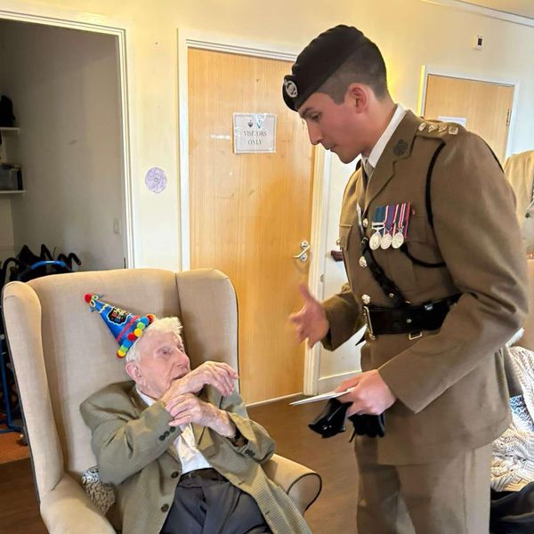 Donald Rose who is 110 on 24/12/2024 celebrating his birthday at Canal Vue care home in Ilkeston, Derbyshire.
Sourced via Johanna Howitt. No credit
