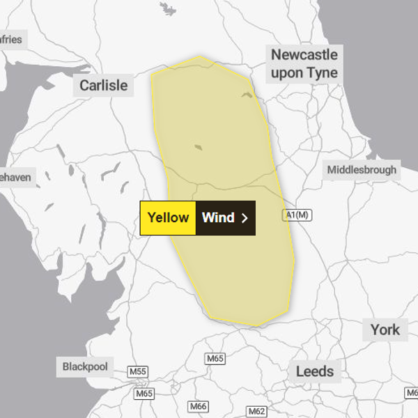 A yellow weather warning for wind covering an area of northern England