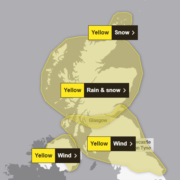 Met Office yellow weather warning for rain and snow for Scotland on 30 December