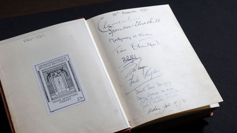 The pages marking the 250th anniversary of Downing Street with signatures of The Queen, Prince Philip, The Wilson's, The Hume's, The Callaghan's, Edward Heath, The Earl of Stockton, Margaret Thatcher and Dennis are seen in one of three Downing Street Visitors Books at the National Archives. The three gilt-edged volumes, covering the years 1970, when Edward Heath was prime minister, to 2003 when Tony Blair was in office, have been released to the National Archives at Kew, west London. Picture dat