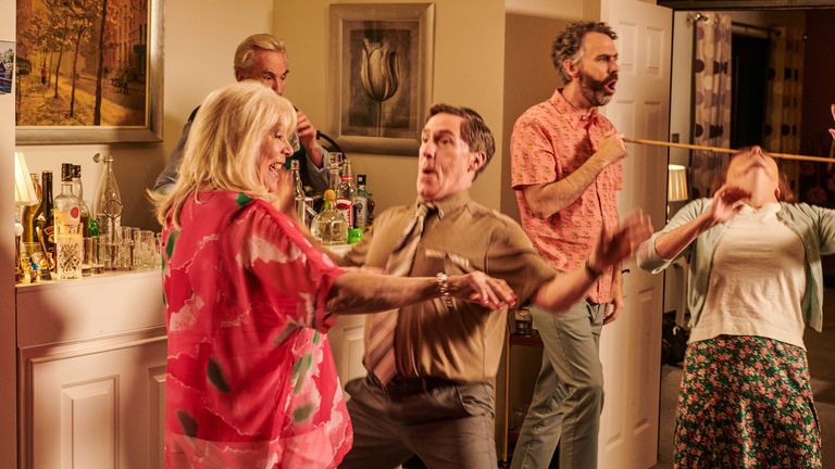 Alison Steadman as Pam, Larry Lamb as Mick, Rob Brydon as Bryn, Robert Wilfort as Jason,and Melanie Walters as Gwen.
Pic: Toffee International Ltd/Tom Jackson/PA