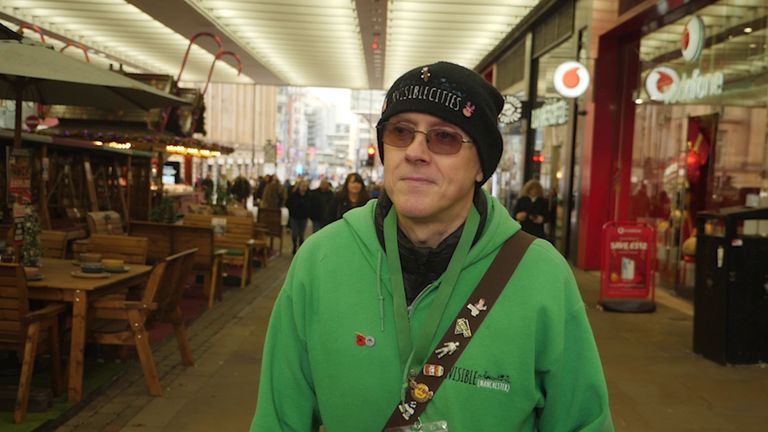 Sky News joined tour guide Andy Mercer for a walk around Manchester. After a period sleeping rough, he lived in a friend's garage before finding a way out of homelessness.