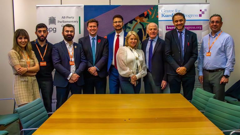 Agit Karatas (second from left) and Steve Race (fourth from left) during a meeting in October of the new All-Party Parliamentary Group, the APPG on Kurds. Pic: @APPGKurds
