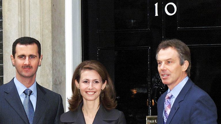 Bashar al Assad and his wife Asma greeted by former Prime Minister Tony Blair outside 10 Downing Street in 2002. Pic: AP