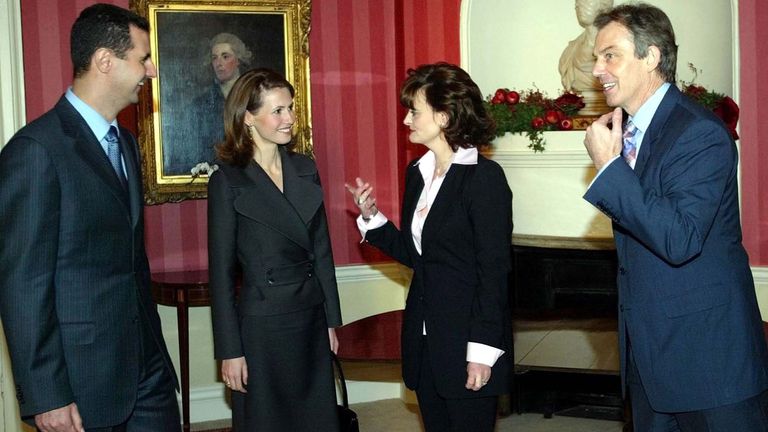 British Prime Minister Tony Blair, right, and his wife Cherie, 2nd right, with Syrian President Bashar Al-Assad, left, and his wife Asma inside 10 Downing Street at the start of Assad's four day official visit to Britain.
Read less

Picture by: PA/PA Archive/PA Images
Date taken: 16-Dec-2002