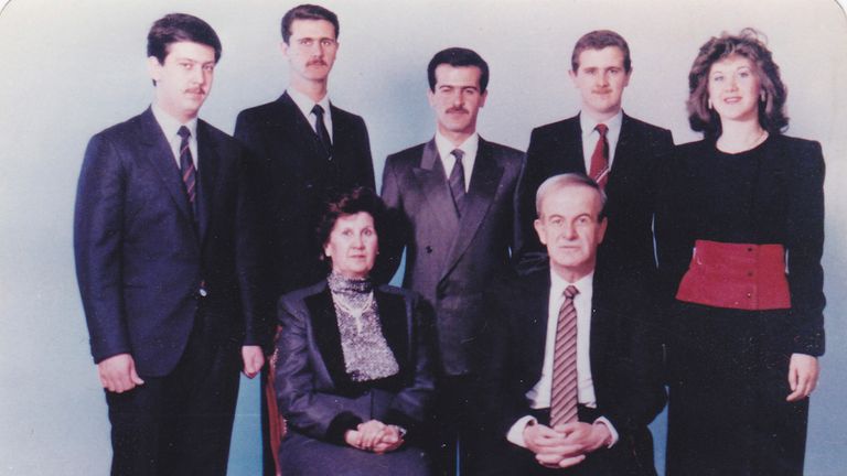 Former Syrian President Hafez al-Assad, his wife Aniseh, sons Maher, Bashar, Bassel, Majd and daughter Bushra (standing, L-R) pose for a family portrait.
Pic: Sana/Reuters