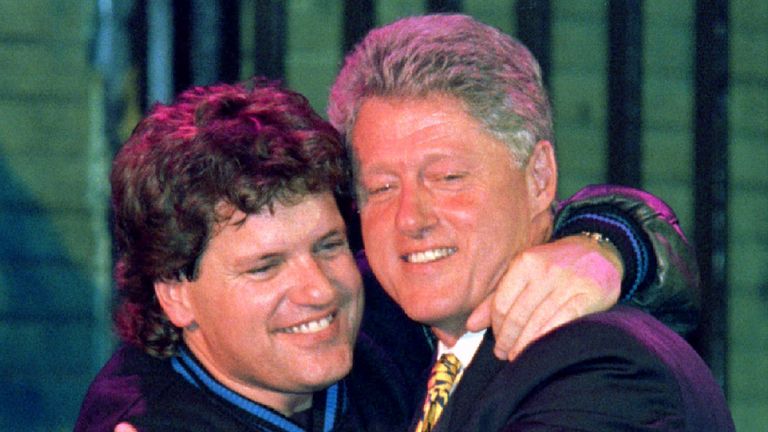 President Bill Clinton (R) hugs his brother and singer Roger Clinton during a fundraising event at the House of Blues September 21 in West Hollywood, California. President Clinton earlier attended a star-studded $1,000 a plate dinner in Century City, California