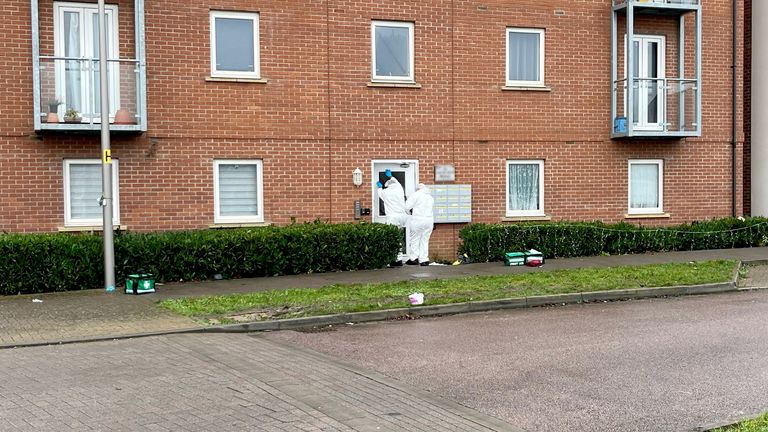 Forensic officers at the scene near an apartment block on Santa Cruz Avenue in Newton Leys, near Bletchley.
Pic: PA