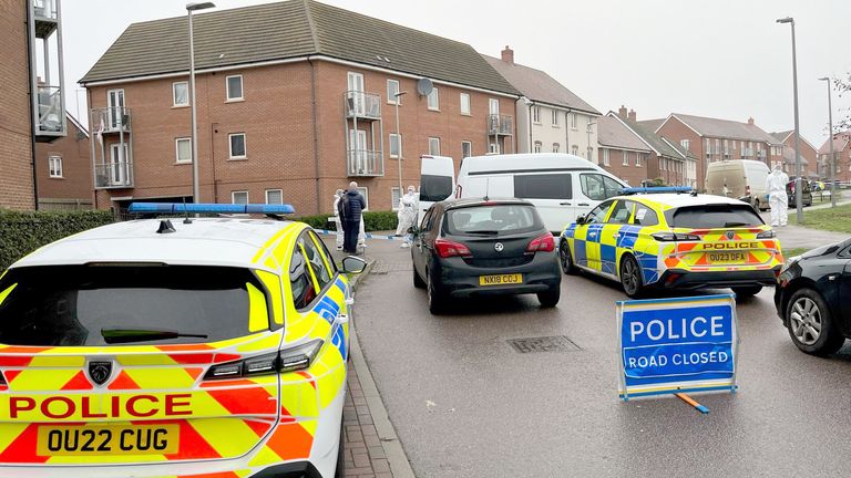 Police cars at the scene near an apartment block on Santa Cruz Avenue in Newton Leys, near Bletchley.
Pic: PA