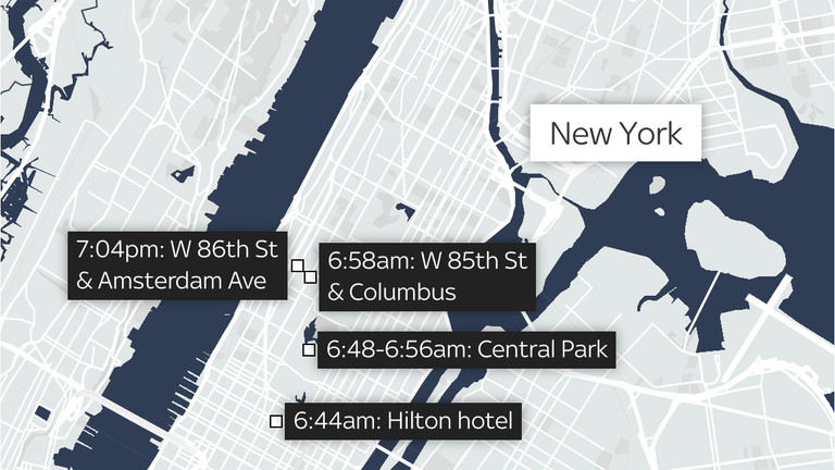 A map showing the suspected gunman's movements after the shooting of Brian Thompson