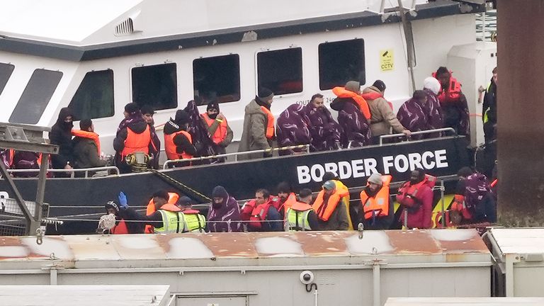 A group of people thought to be migrants are brought in to Dover, Kent, from a Border Force vessel following a small boat incident in the Channel.
Pic: PA
