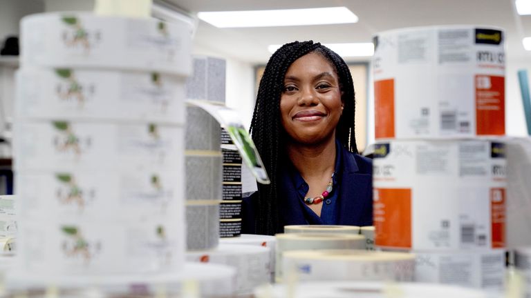 Conservative party leader Kemi Badenoch during a visit to label manufacturer Baker Labels in Brentwood, Essex.
Pic: PA