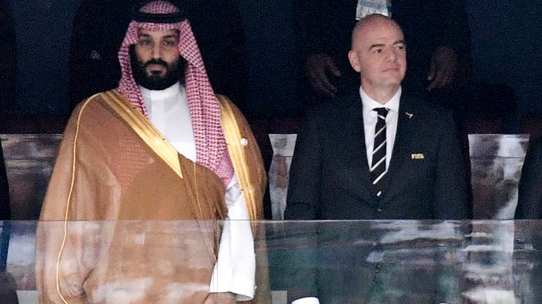 Crown Prince Mohammed bin Salman and FIFA President Gianni Infantino pictured at the 2018 World Cup. Pic: Alexei Nikolsky/Sputnik, Kremlin Pool Photo via AP